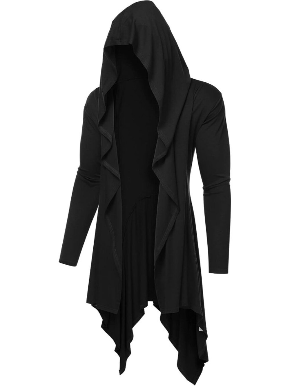 Long Hooded Cardigan Ruffle Shawl Collar Open Front Lightweight Drape Cape Overc
